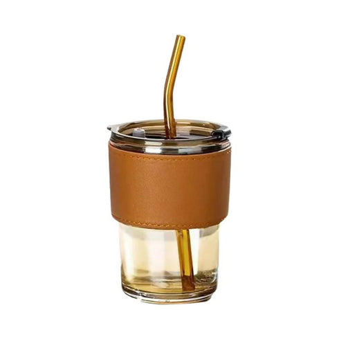 Creative Glass Coffee Cup With Portable Leather Sleeve and straw - Amber