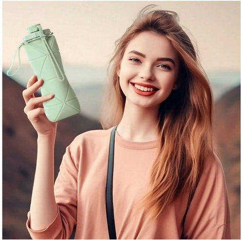 Collapsible Silicone Water Bottle 600ml Foldable Travel Bottle - Green