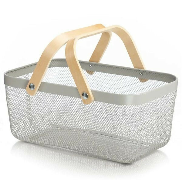Large Modern Black Steel Mesh Basket With Double Wooden Handle - Grey