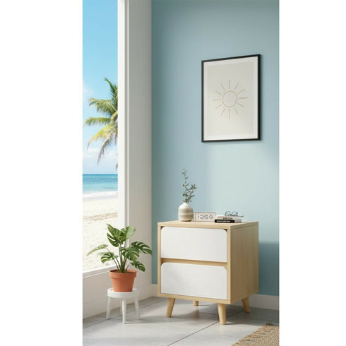 Modern 2-Drawer Nordic Nightstand - Compact Oak Bedside Table- 36x34x46cm