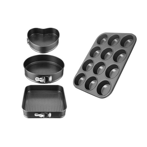 Non Stick Shape Cake Mould Pan 3 Pieces & Muffin Pan 12 Cup (Combo)