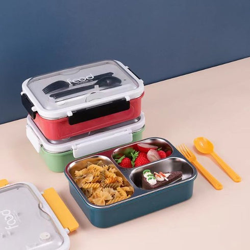 3 Compartment Stainless Steel Food Lunch Box with Compact Cutlery - Red - WooTech Online Shopping In SA