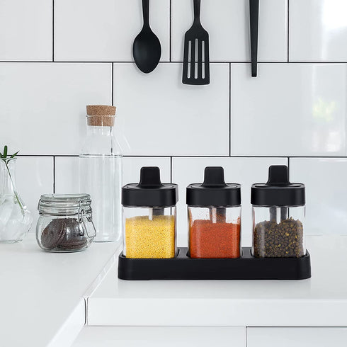3PCs Glass Spice Jar Set With Spoons & Lids - WooTech Online Shopping In SA