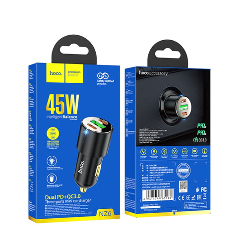 Hoco NZ6 45W Dual PD+QC3.0 3 Ports Mini Car Charger - Black