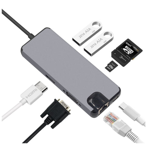 8 In 1 Type-c Hub For laptop And Pc - 4K HDMI / Vga / Ethernet / Card Reader/ 2 USB / Type-c