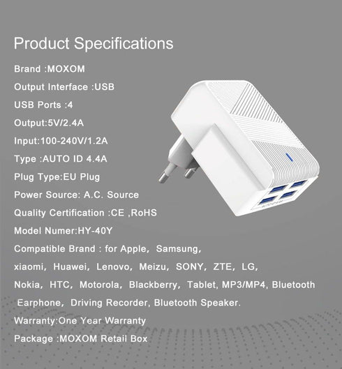 Moxom Smart IC 4 USB Port AUTO ID 4.4A Wall phone Charger Kh-40y - WooTech Online Shopping
