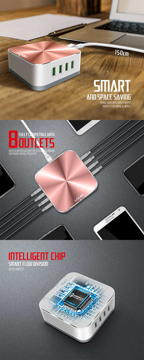 Ldnio A8101 - 8 USB Port Charger - For Mobile Phone Quick Charge 3.0 - Rose Gold - WooTech Online Shopping