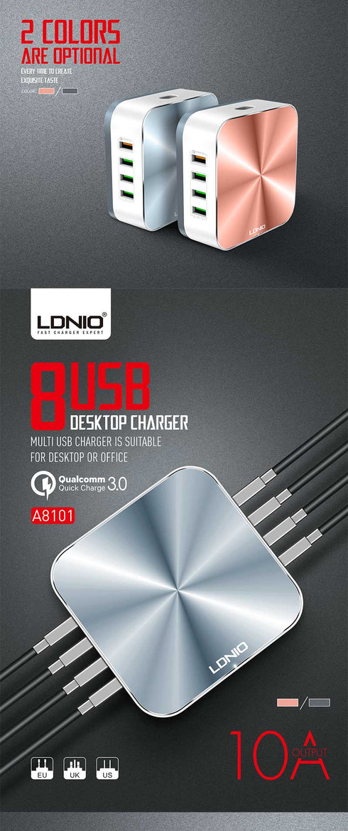 Ldnio A8101 - 8 USB Port Charger - For Mobile Phone Quick Charge 3.0 - Rose Gold - WooTech Online Shopping