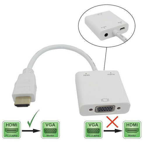 HDMI to VGA Converter Adapter Cable with 3.5mm Audio and USB power cable - White - WooTech Online Shopping In SA