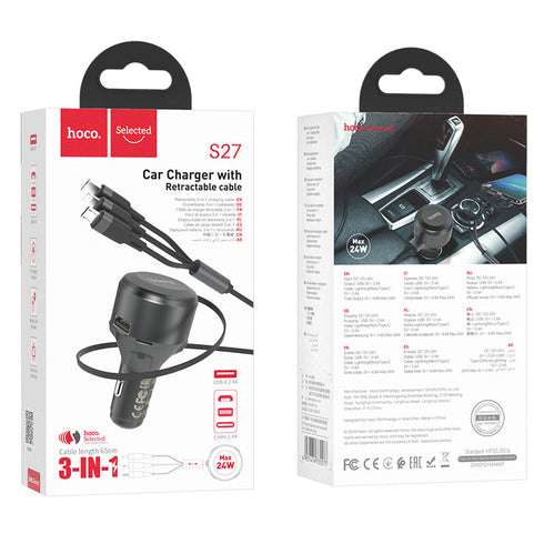 3 in 1 Car Charger With Lightning/Type C/Micro USB Cable