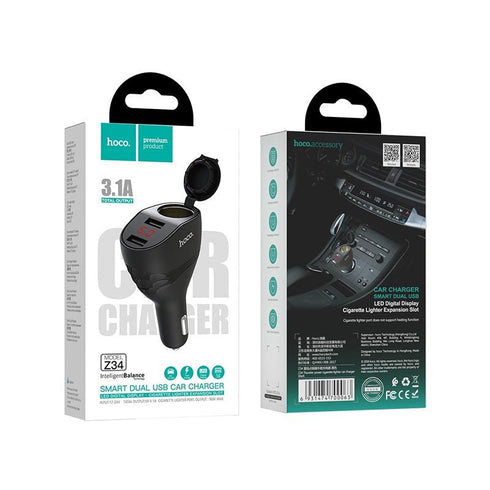 Hoco Thunder Power Car Charger With Dual USB 3.1A & Cigarette Lighter Z34 - WooTech Online Shopping In SA