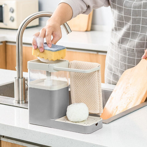 Kitchen Press Soap Dispenser Automatic Detergent Box Drain Sink with Towel Bar Shelf Sponge Holder - WooTech Online Shopping In SA