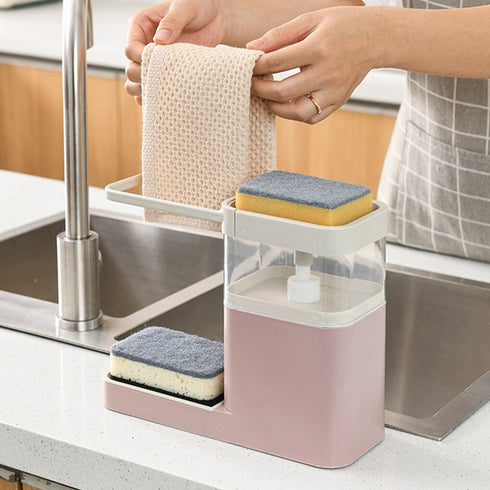 Kitchen Press Soap Dispenser Automatic Detergent Box Drain Sink with Towel Bar Shelf Sponge Holder - WooTech Online Shopping In SA