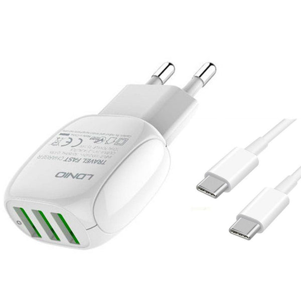LDNIO Fast Charging Adapter with Type -C Cable 15.5W USB (3 Ports) EU Plug Charger Adapter A3315 - WooTech Online Shopping In SA