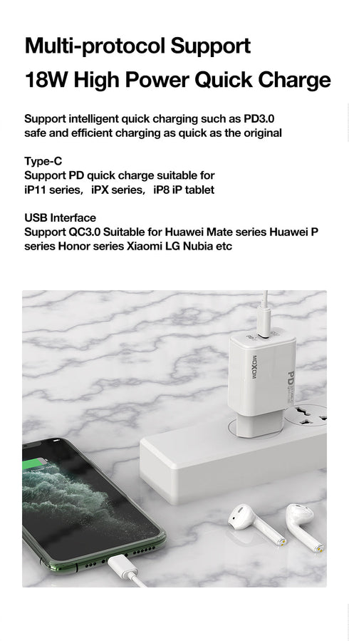 Moxom PD Fast charger For iPhone 12 /11 - 18w USB-c power Adapter Mx-HC25 - WooTech Online Shopping In SA