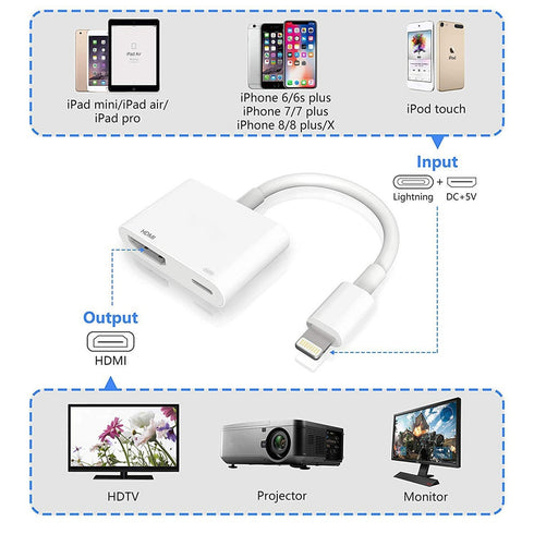 Iphone Digital AV to HDMI Adapter with Lighting Charging Port For HDTV Monitor Projector 1080P For iPhone iPad iPod - WooTech Online Shopping