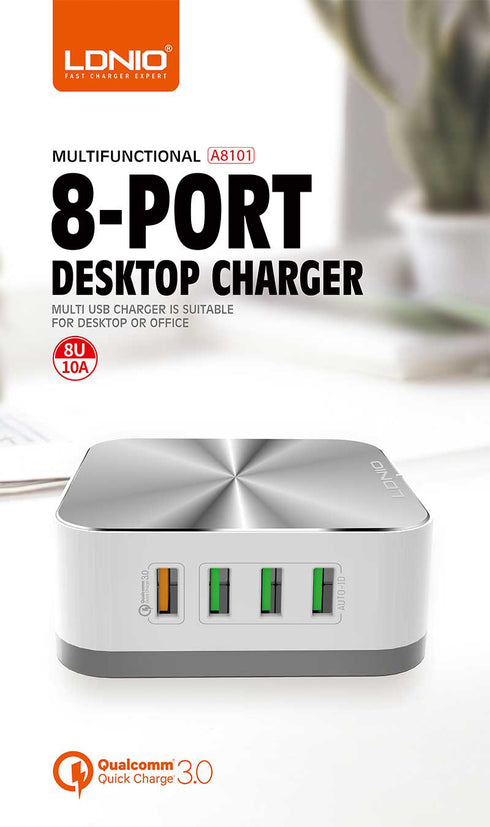 Ldnio A8101 - 8 USB Port Charger - For Mobile Phone Quick Charge 3.0 - Silver - WooTech Online Shopping
