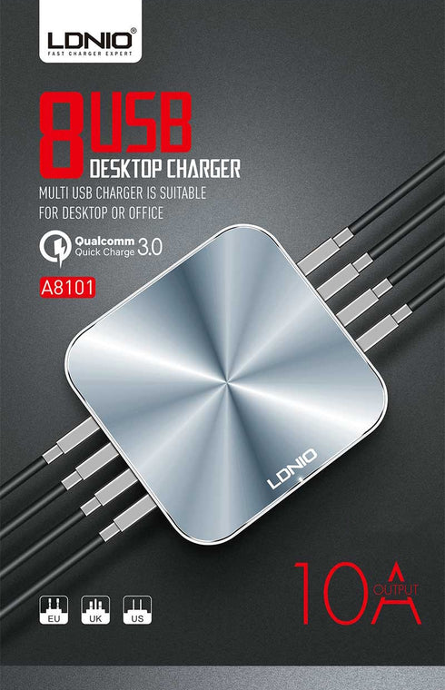 Ldnio A8101 - 8 USB Port Charger - For Mobile Phone Quick Charge 3.0 - Silver - WooTech Online Shopping