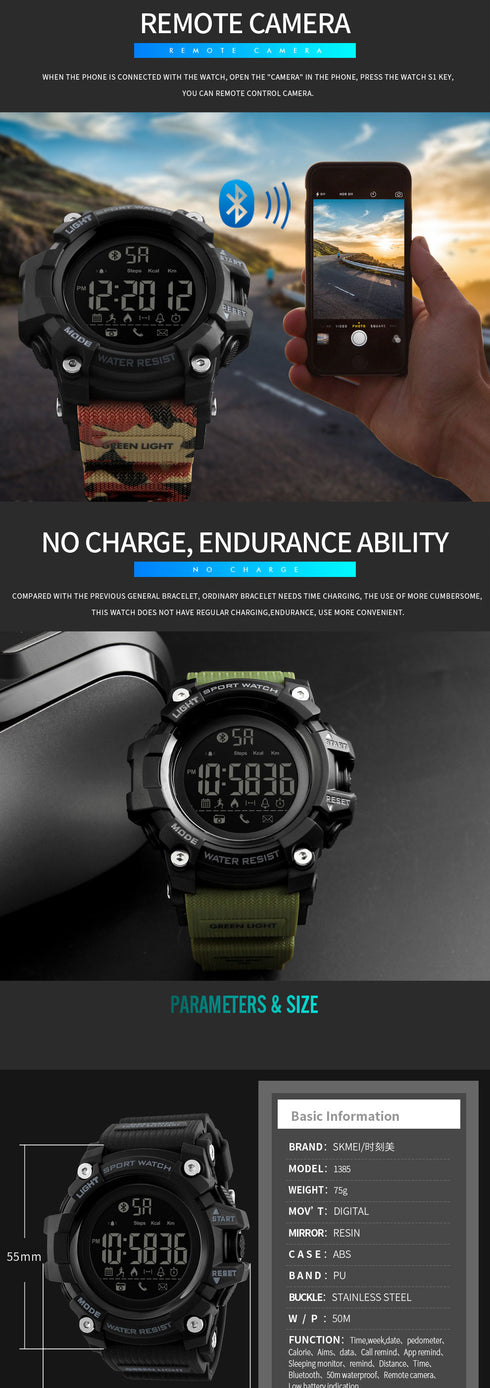 Skmei 1385 Waterproof Alarm Bluetooth Sports Watch - WooTech Online Shopping