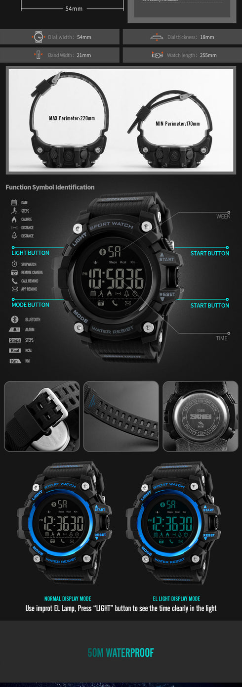 Skmei 1385 Waterproof Alarm Bluetooth Sports Watch - WooTech Online Shopping