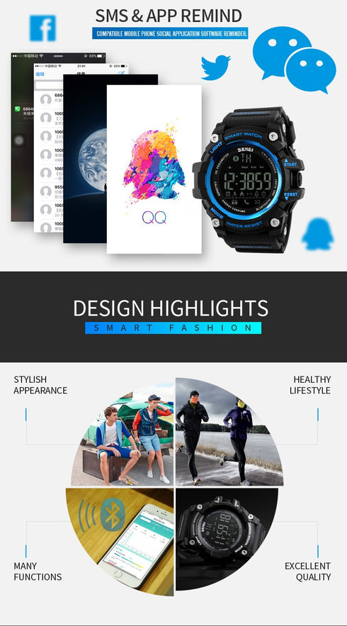 SKMEI 1227 Waterproof Alarm Bluetooth Sports Watch - WooTech Online Shopping