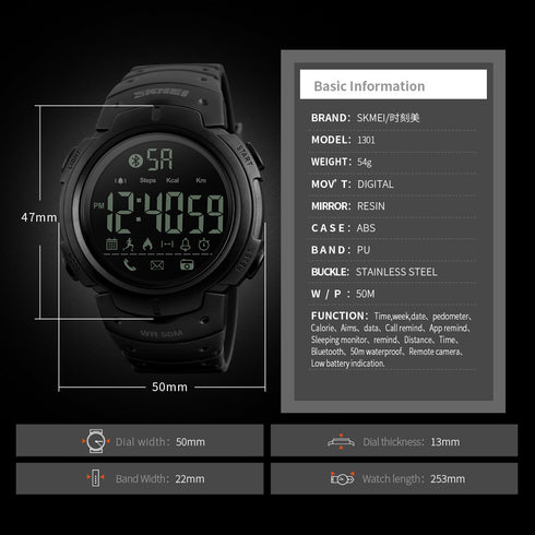SKMEI 1301 Waterproof Alarm Bluetooth Sports Watch - WooTech Online Shopping