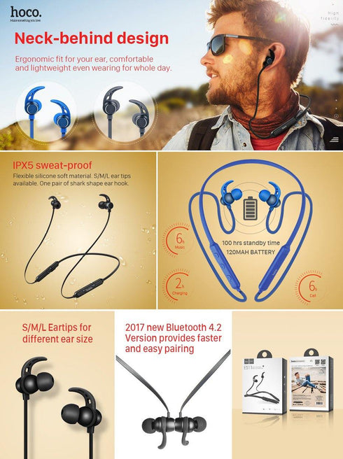 HOCO Metal Sport Bluetooth Headphone Sweatproof Earphone Magentic Earpiece Stereo Wireless Headset for Mobile Phone - WooTech Online Shopping