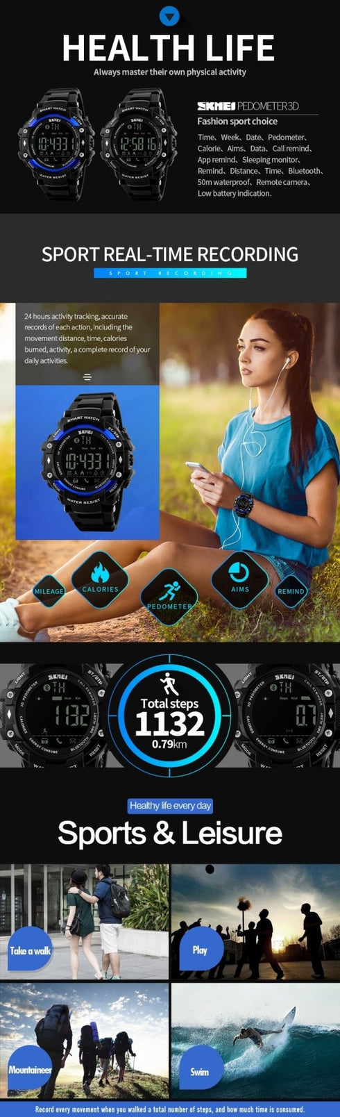SKMEI 1226 Waterproof Alarm Bluetooth Sports Watch - WooTech Online Shopping In SA