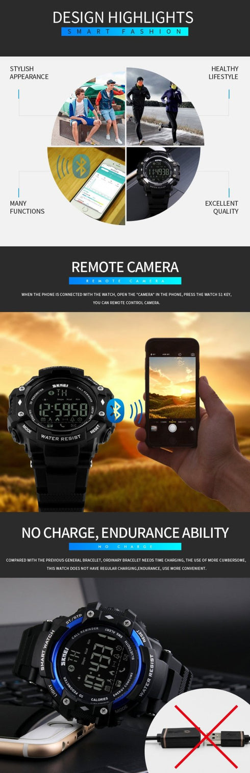 SKMEI 1226 Waterproof Alarm Bluetooth Sports Watch - WooTech Online Shopping In SA