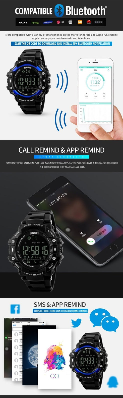SKMEI 1226 Waterproof Alarm Bluetooth Sports Watch - WooTech Online Shopping In SA