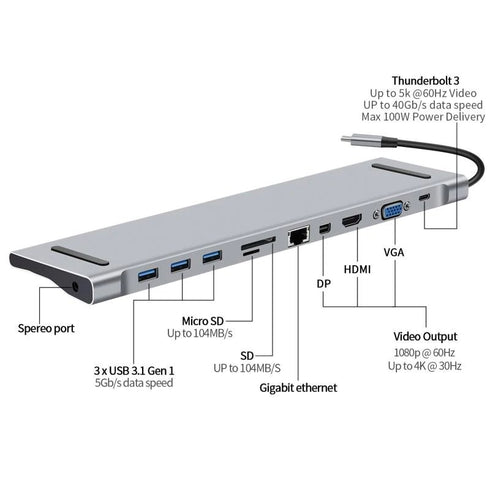 Type-C Hub 10 in 1 Type C to HDMI VGA 3*USB-3.0 /RJ45 Gigabit Ethernet PD SD/TF Hub - WooTech Online Shopping In SA
