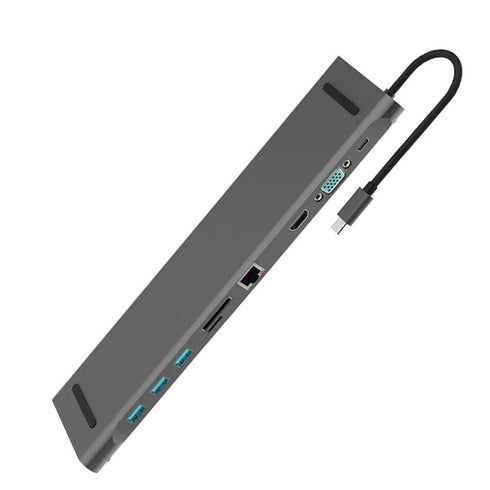 Type-C Hub 10 in 1 Type C to HDMI VGA 3*USB-3.0 /RJ45 Gigabit Ethernet PD SD/TF Hub - WooTech Online Shopping In SA